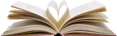 image shows a book with open pages. the middle pages have been bent towards each other to form a heart shape